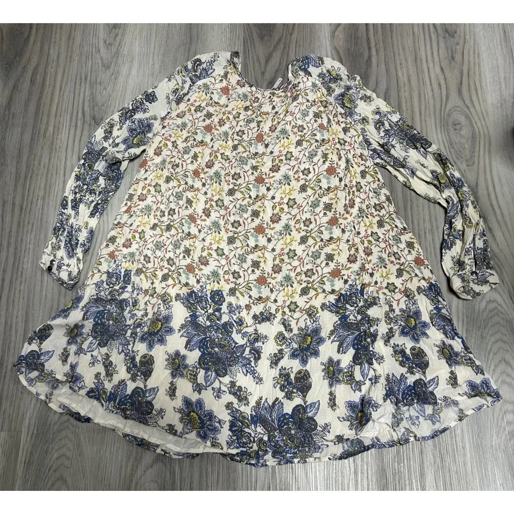 Free People Womens Floral Long Sleeve Boho Mini Dress Rayon M Cream Blue Multi